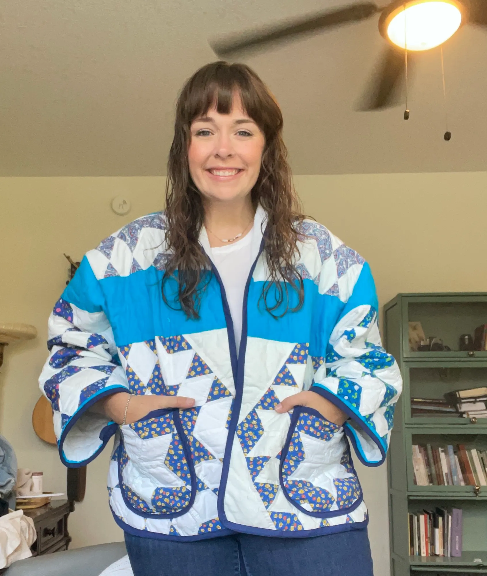 Blue and white patchwork quilt jacket