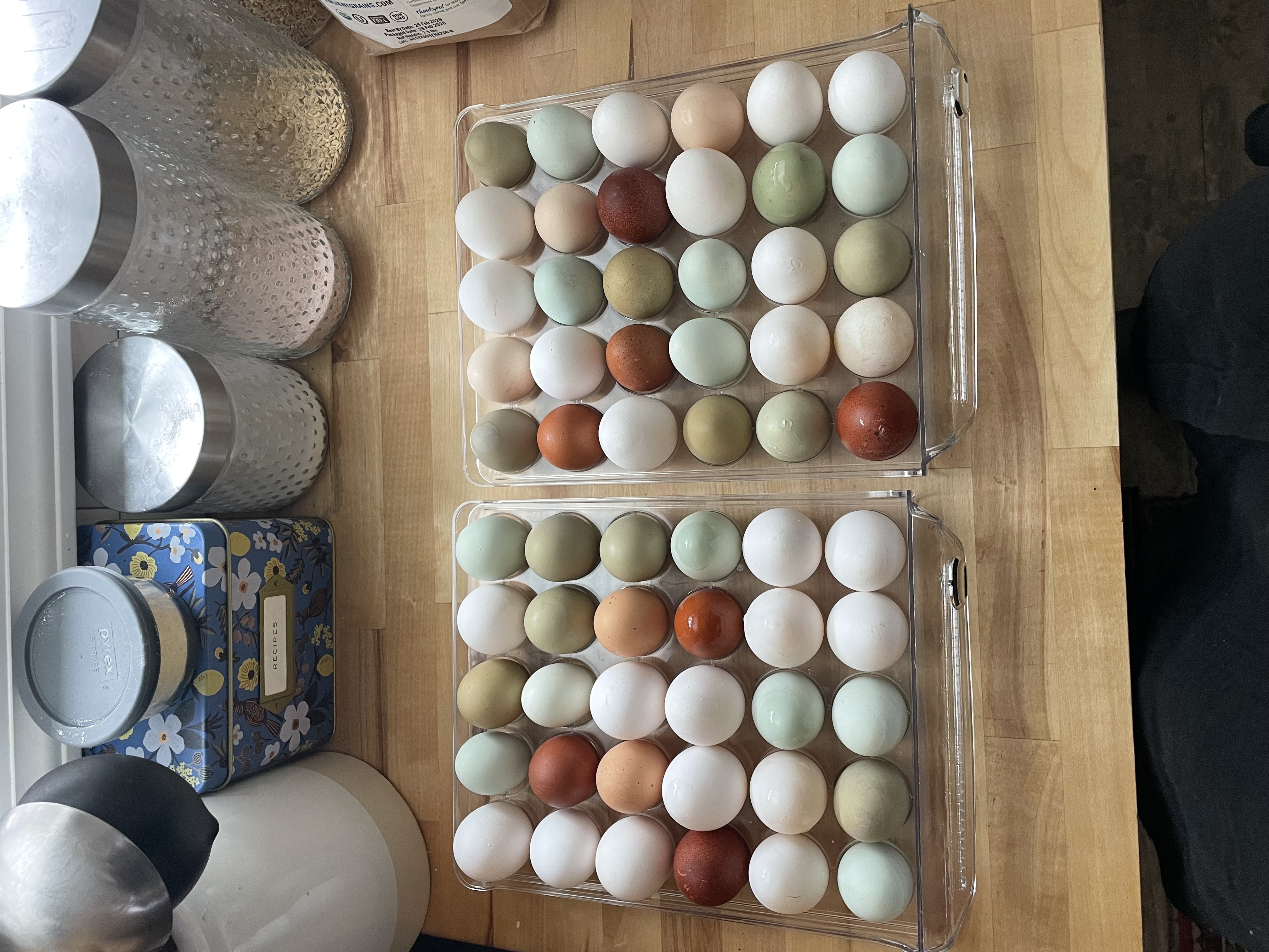 Colorful farm fresh eggs in tones of sage, terracotta, and cream